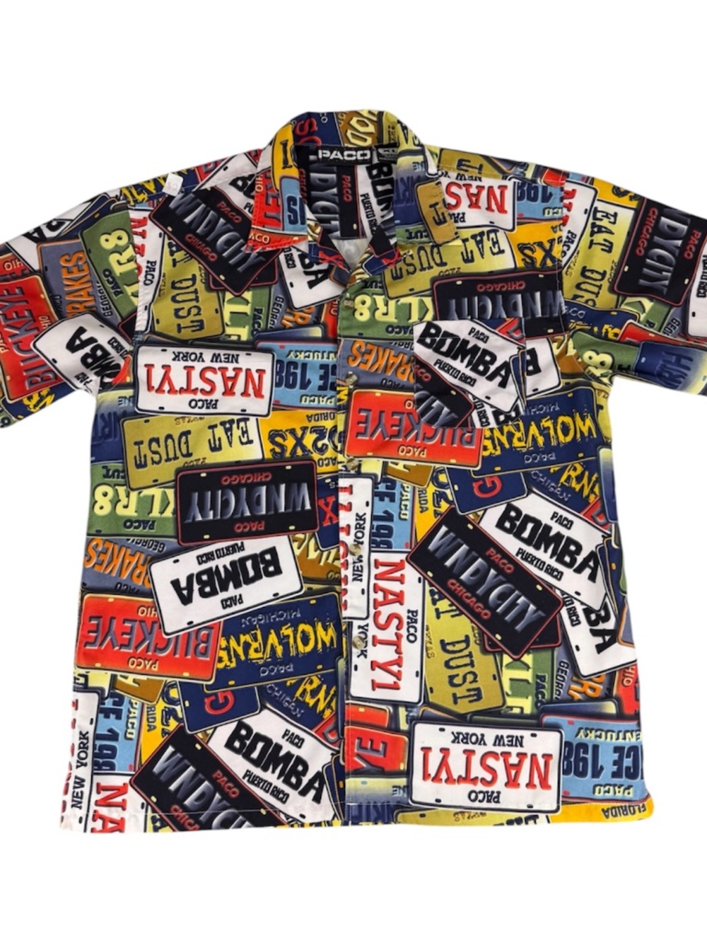 VTG Paco License Plate AOP Print Button Up Shirt Y2k Hip Hop Streetwear Men's XL